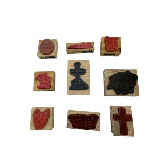 Lot of 9 wooden rubber stamps‎ Easter Rabbit Cross Chicken Egg Phrases - Picture 2 of 5